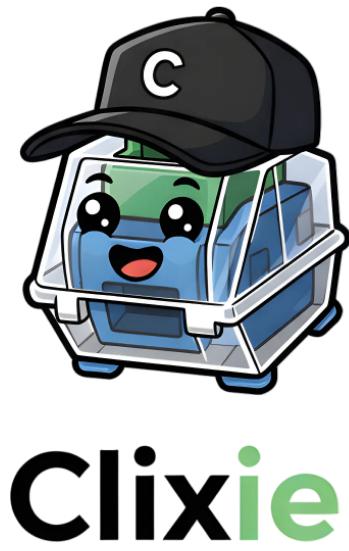 Cartoon character with a cap labeled 'C' and the word 'Clixie' below on a white background